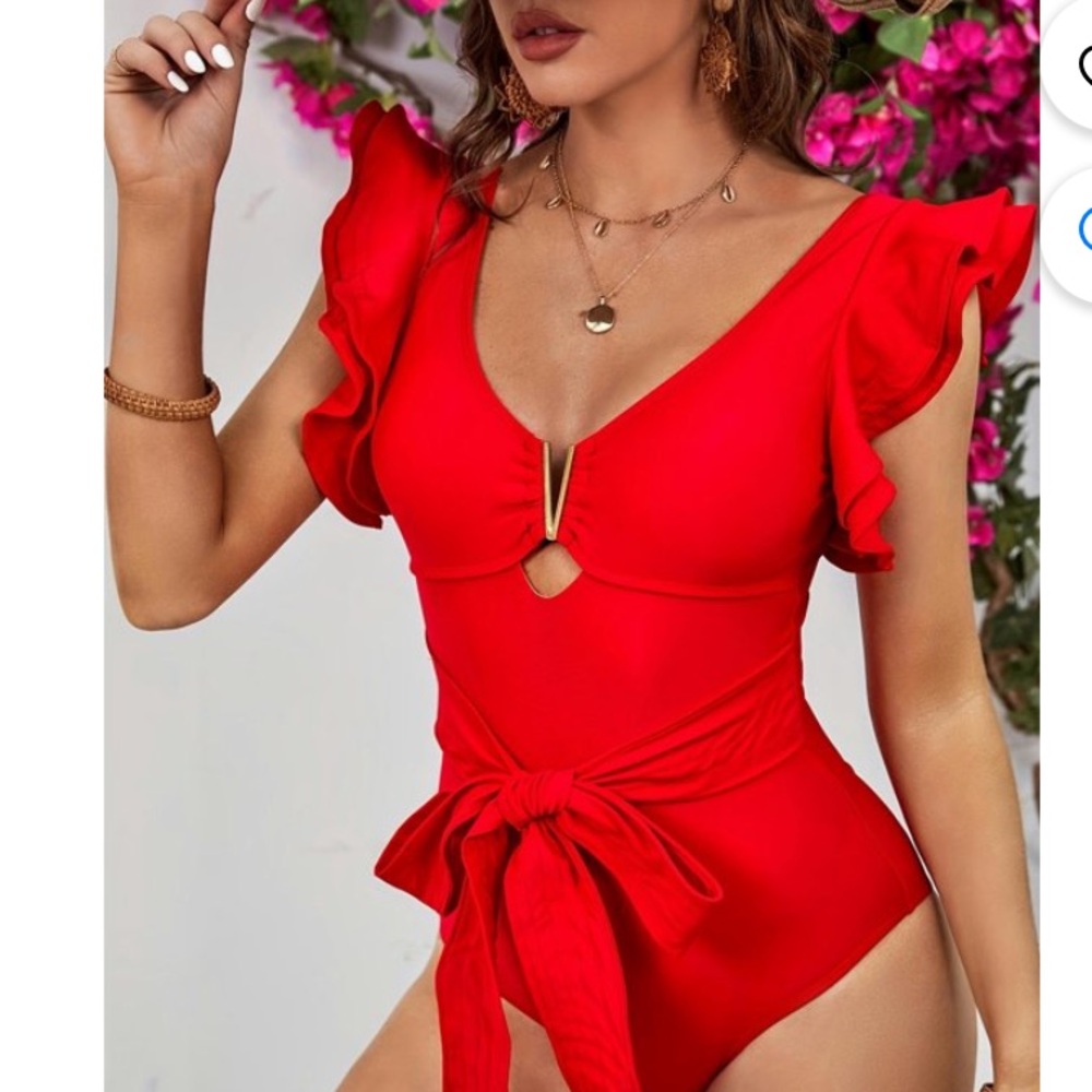 SPORLIKE Red Ruffled Sleeve Glamorous V-Neck Cutout One Piece Swimsuit Size XL